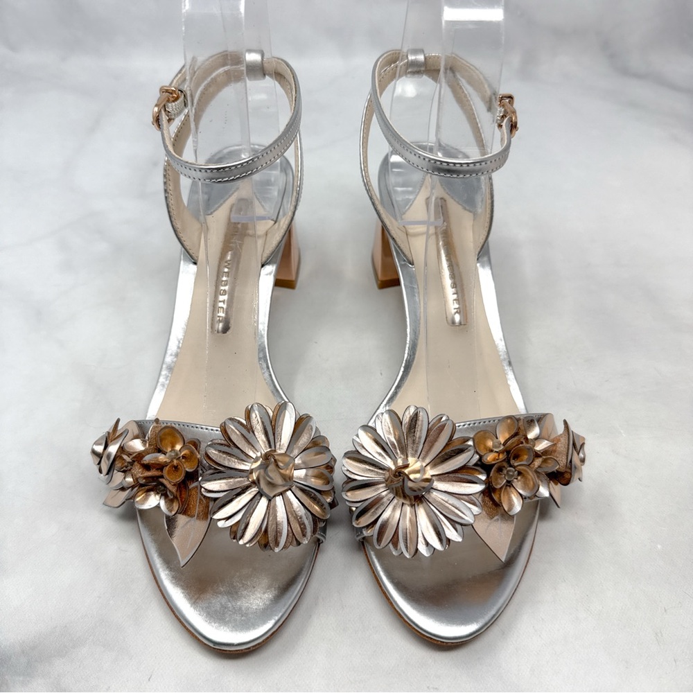 Sophia Webster Lilico Floral Chrome Metallic Low Mid Height Block Heel Sandal 37